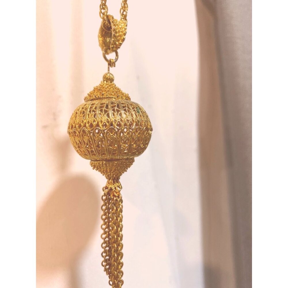 Vintage Monet Etruscan ball and tassel Gold-Tone Filigree Pendant Necklace With